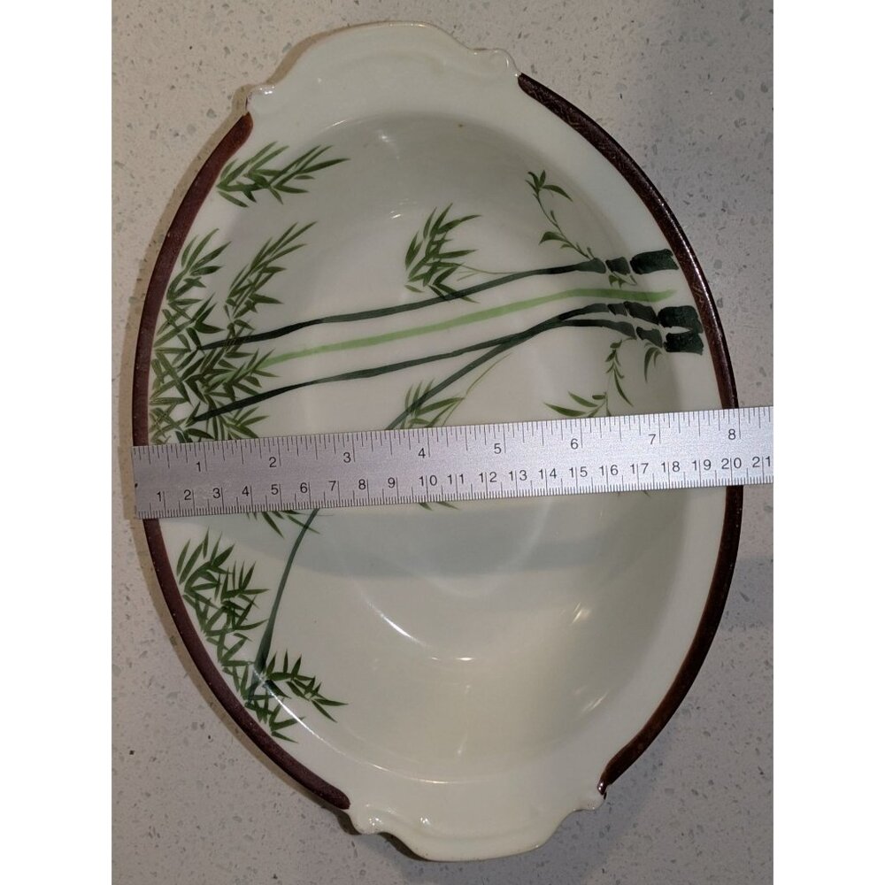 Vintage Japanese Hand-Painted Bamboo Design Oval Bowl two Handles 11 inch Length - Picture 5 of 12